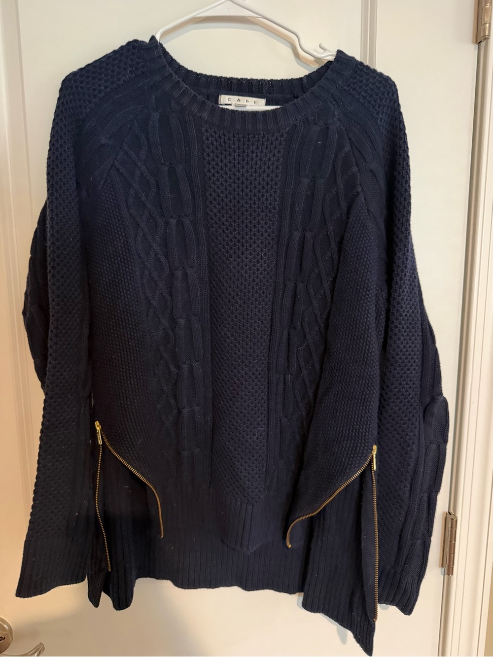 CAbi Navy Cable-Knit Sweater with Gold Zippers